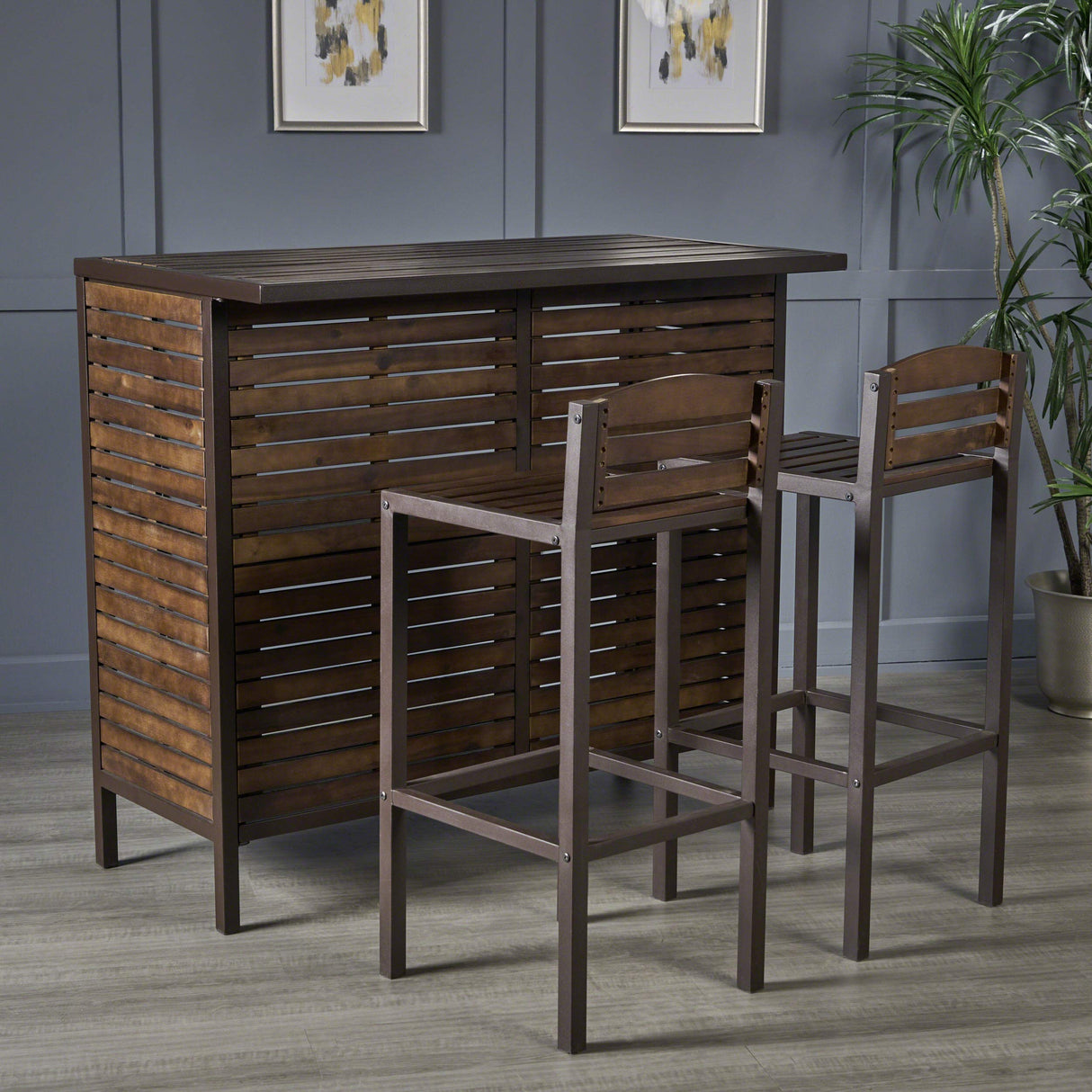 Christopher Knight Home Leni Indoor Acacia Bar Set with Rustic Metal Finish Accents, Dark Brown / Rustic Metal Christopher Knight Home