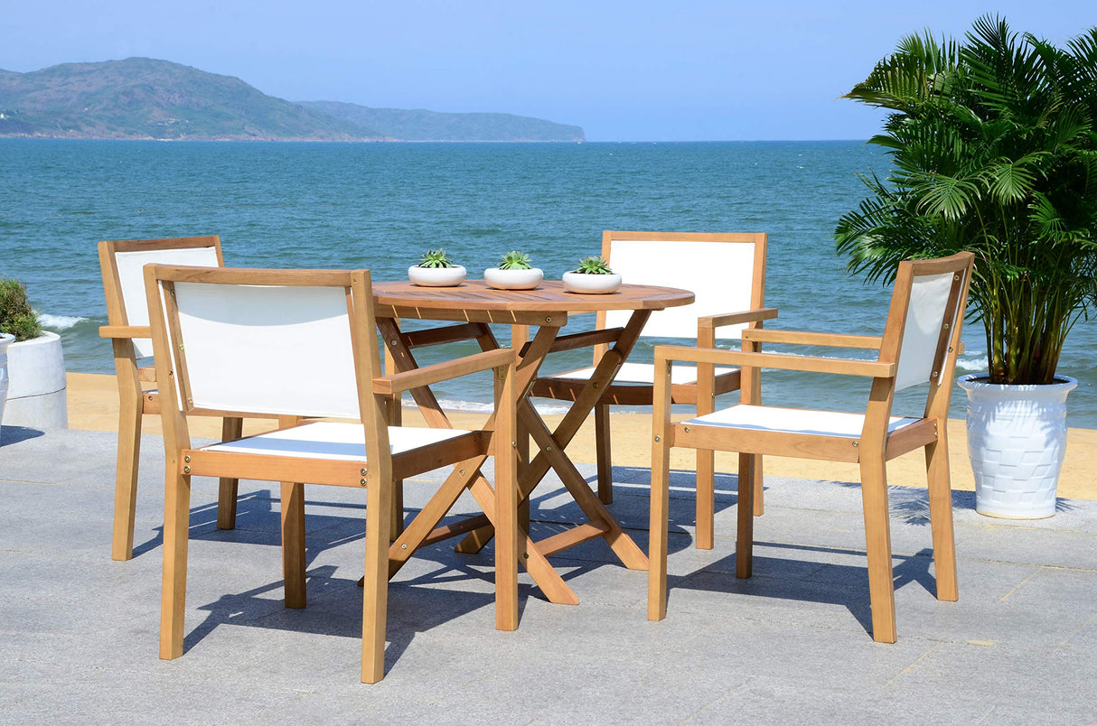 SAFAVIEH Outdoor Collection Chante Teak 35.4" Round Table 5 Piece Dining Set SAFAVIEH