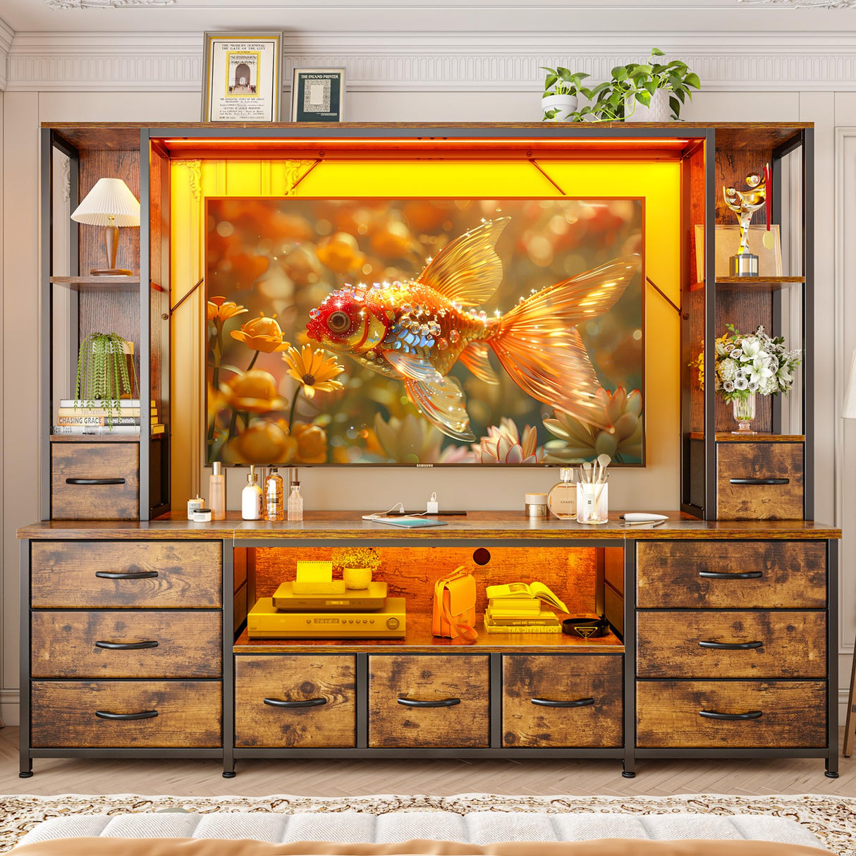 78.6" W TV Stands for Living Room, Large Wall Unit Entertainment Center with 11 Fabric Drawer,Dresser TV Stand with 2 LED Lights & Power Outlets,TV Stand for Bedroom with Storage Shelves,Brown EnHomee