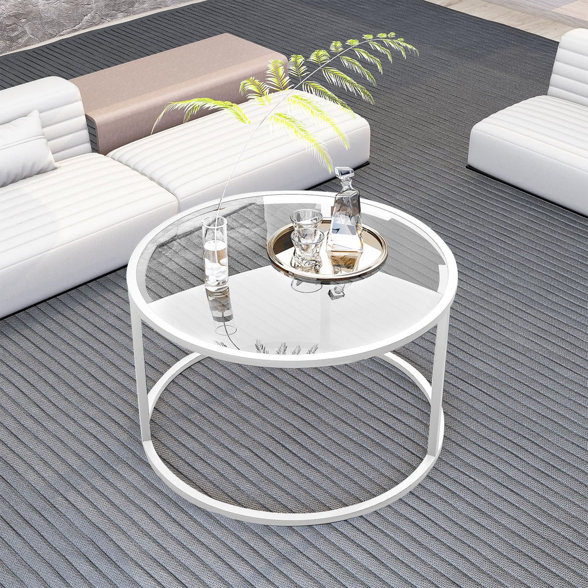 Round Glass Coffee Table for Living Room,Minimalist Modern Center Table with Metal Frame for Small Space,Easy Assembly,27 x 27In, White Easy Paws