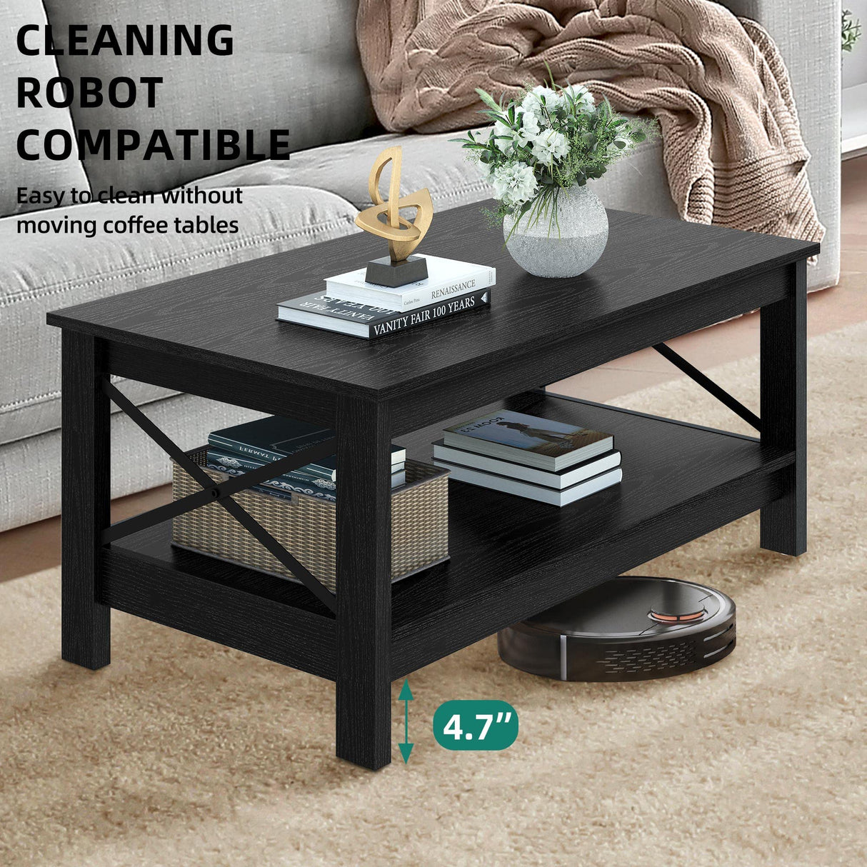 YITAHOME Coffee Table for Living Room,Modern Farmhouse Coffee Table with Storage,2-Tier Center Table for Living Room Wood Living Room Table Accent Cocktail with Sturdy Frame,Black YITAHOME