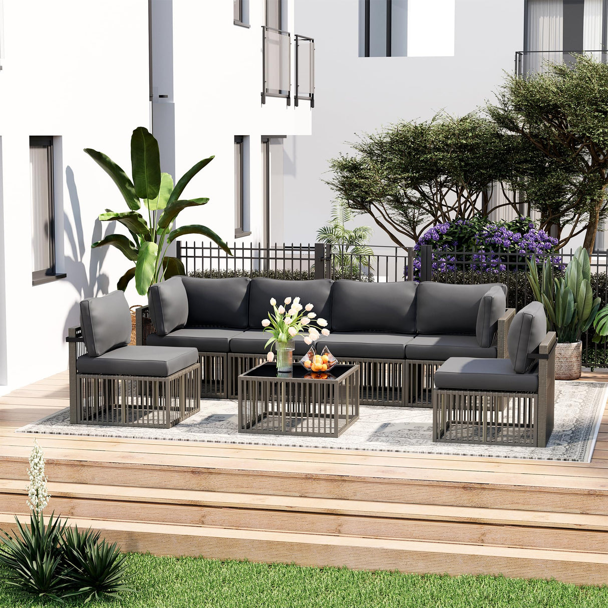 Pamapic 7-Piece Outdoor Sectional Sofa Set, All-Weather PE Rattan Patio Furniture with Washable Cushions Covers, Gray Cushions and Brown Rattan, Dark Gray Pamapic