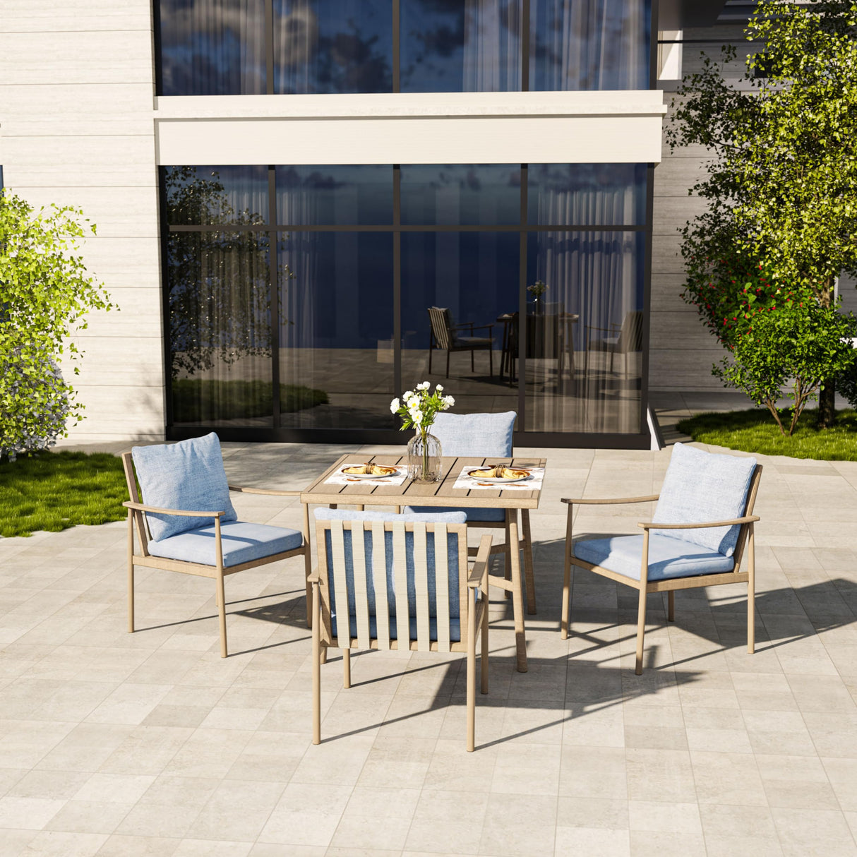 HAPPATIO 5-Piece Outdoor Dining Set for 4, Aluminum Patio Dining Set Includes 1 Large Square Table with Umbrella Hole and 4 Dining Chairs, Patio Furniture Set for Lawn, Porch, or Backyard (Brown) HAPPATIO