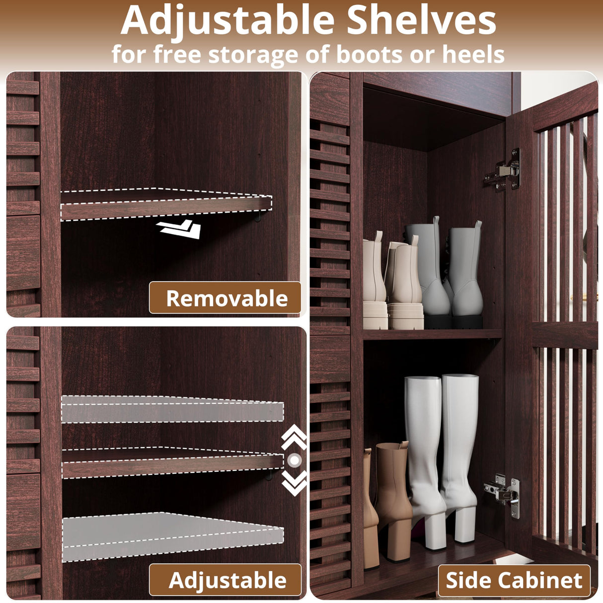 IRONCK Shoe Cabinet, Mid Century Shoe Storage with 2 Flip Drawers & Grille Doors Design, Shoe Rack Cabinet with Hooks and Side Cabinet, Shoe Organizer for Entryway, Natural Red Walnut IRONCK