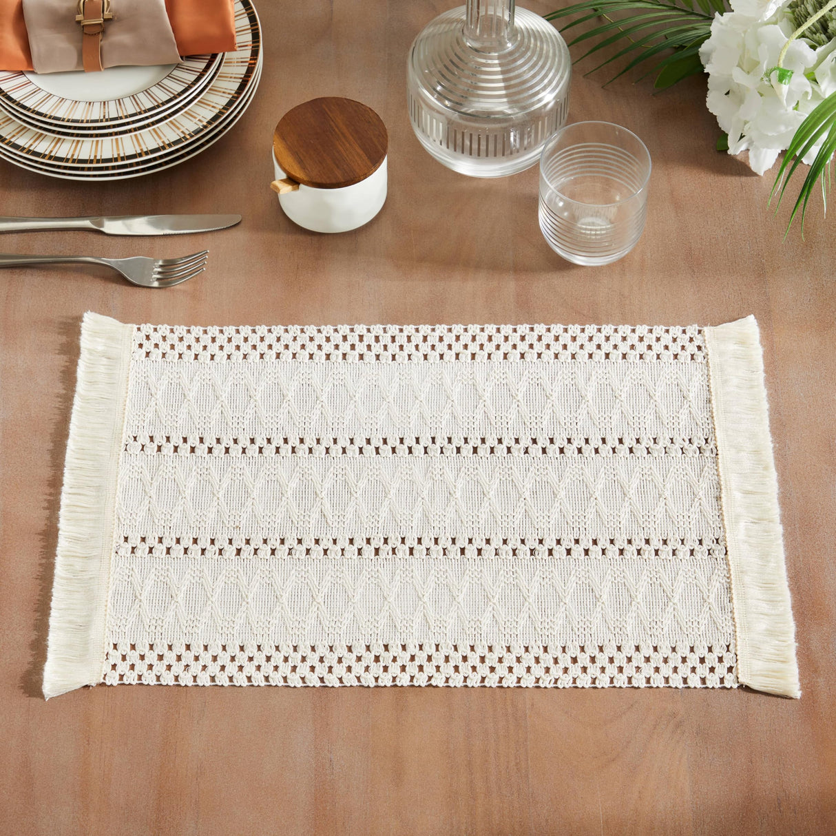 ZeeMart Macrame Style Boho Placemats Set of 4, Ivory Decorative Natural Farmhouse Cotton Woven Place Mats Home Decor for Kitchen Dining Table ZeeMart