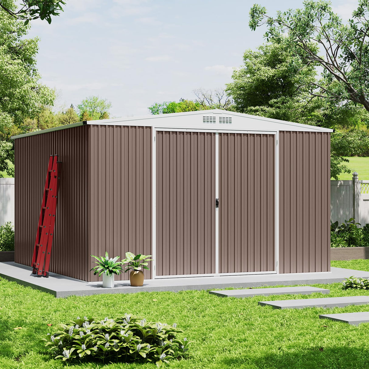 GarveeLife 10x10 Shed for Outdoor Storage, Galvanized Steel Metal Tool Sheds House with Lockable Doors, Lock & Air Vent, Large Utility Sheds for Patio Garden Lawn, Brown GarveeLife