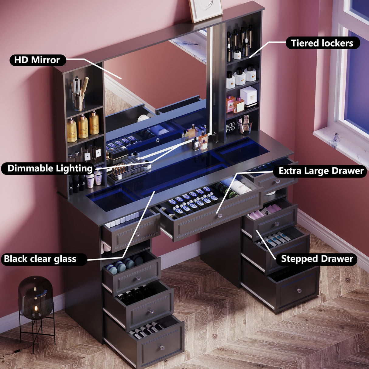 Wildhome Vanity Desk with Mirror and Lights, Glass Top Dressing Table with 9 Drawers, Makeup Vanity with Storage Bench, European Style Vanity, Adjustable Brightness Vanity for Bedroom(Black) Wildhome