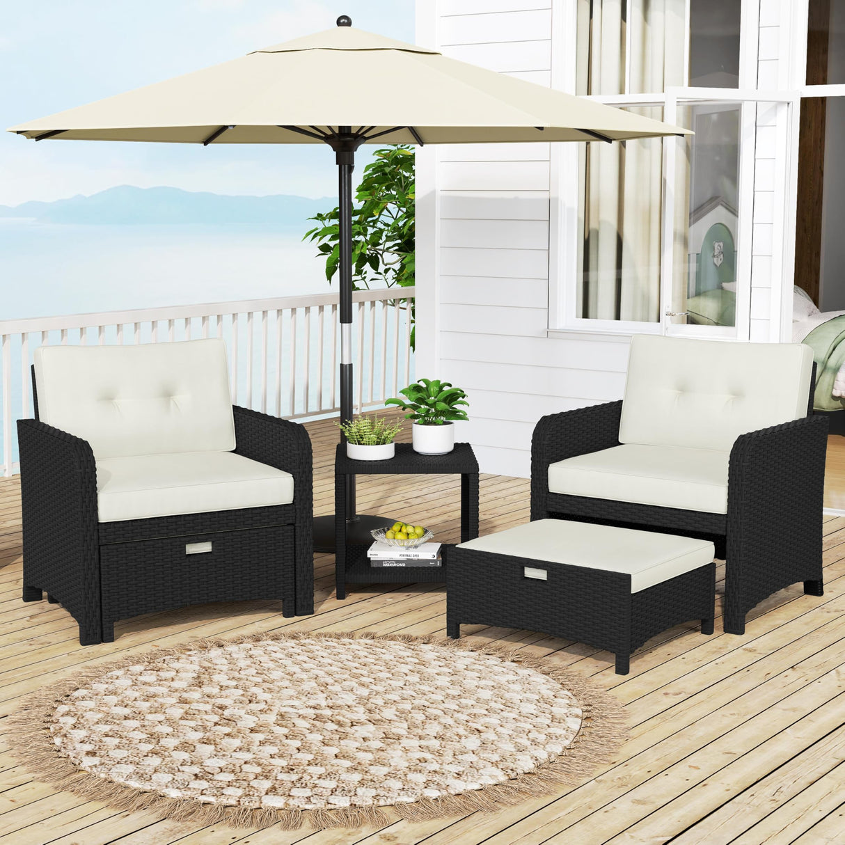 Yaheetech 5 Piece Patio Conversation Set with Ottomans, PE Wicker Balcony Furniture, Rattan Lounge Sofa with Cushions & Pillows, 2 Chairs & Side Table for Backyard, Porch, Garden, Black/Beige Yaheetech
