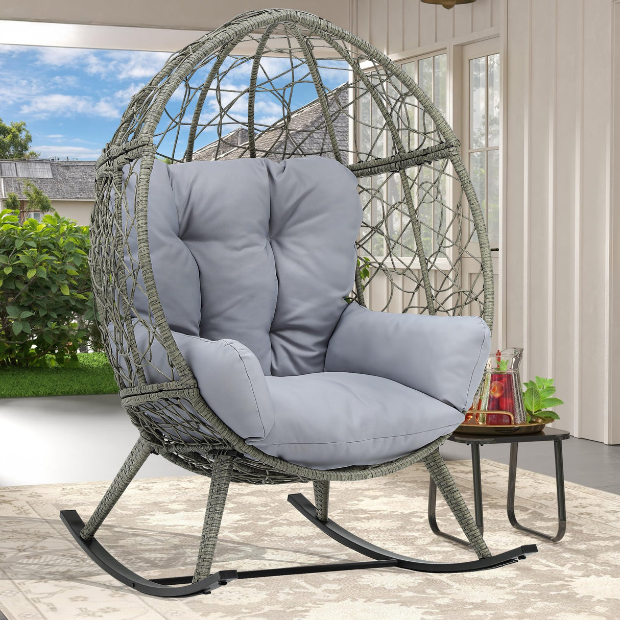 DWVO Wicker Rocking Egg Chair, Oversized Indoor Outdoor Rattan Rocking Chair, Indoor Outdoor Lounger for Patio, Backyard, Living Room, Light Gray DWVO