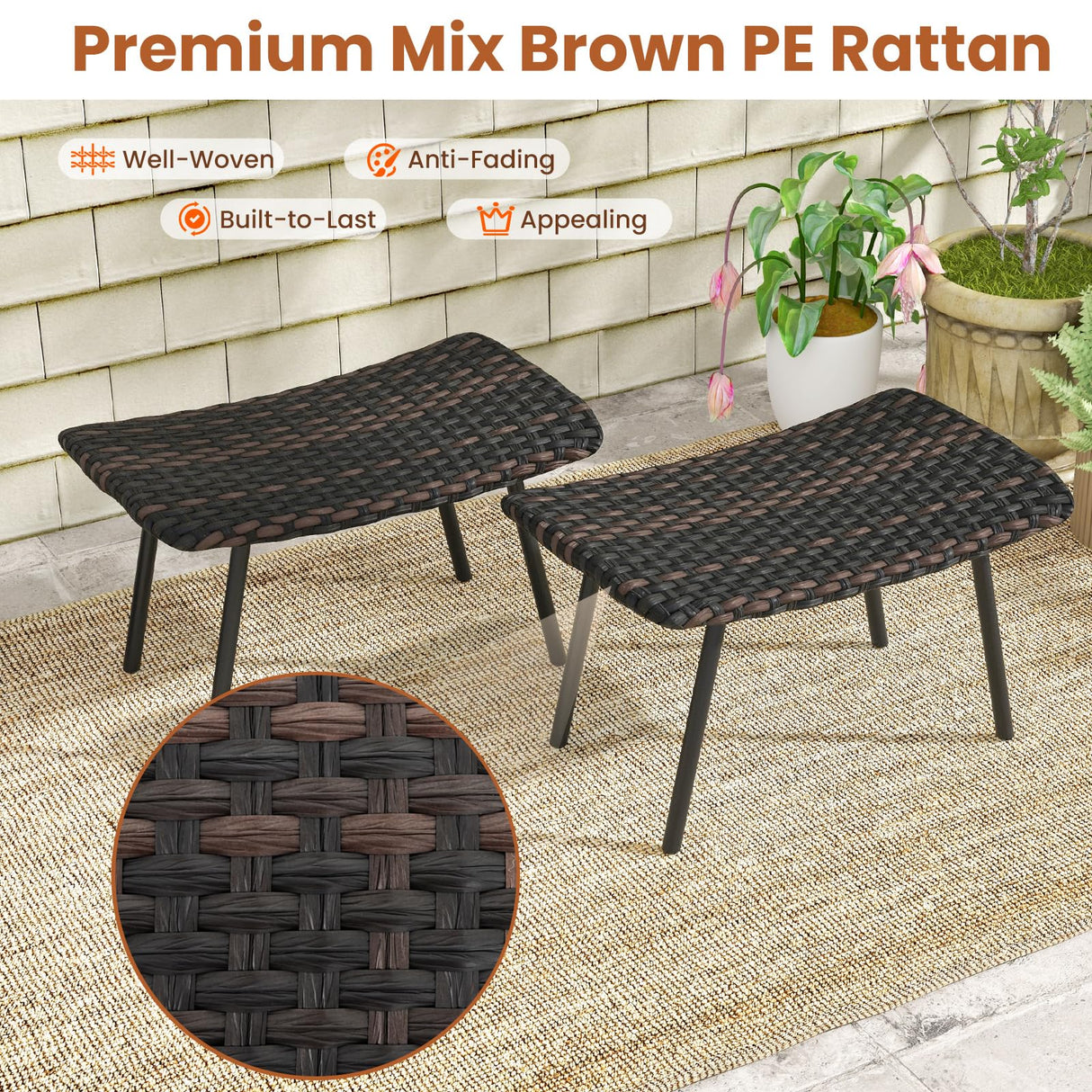 Tangkula Set of 2 Patio Ottomans, Multipurpose Rattan Ottomans w/Padded Quick Dry Foam & Heavy-Duty Metal Legs, Outdoor Wicker Footrest Extra Seating for Poolside, Backyard All Weather Resistant Tangkula