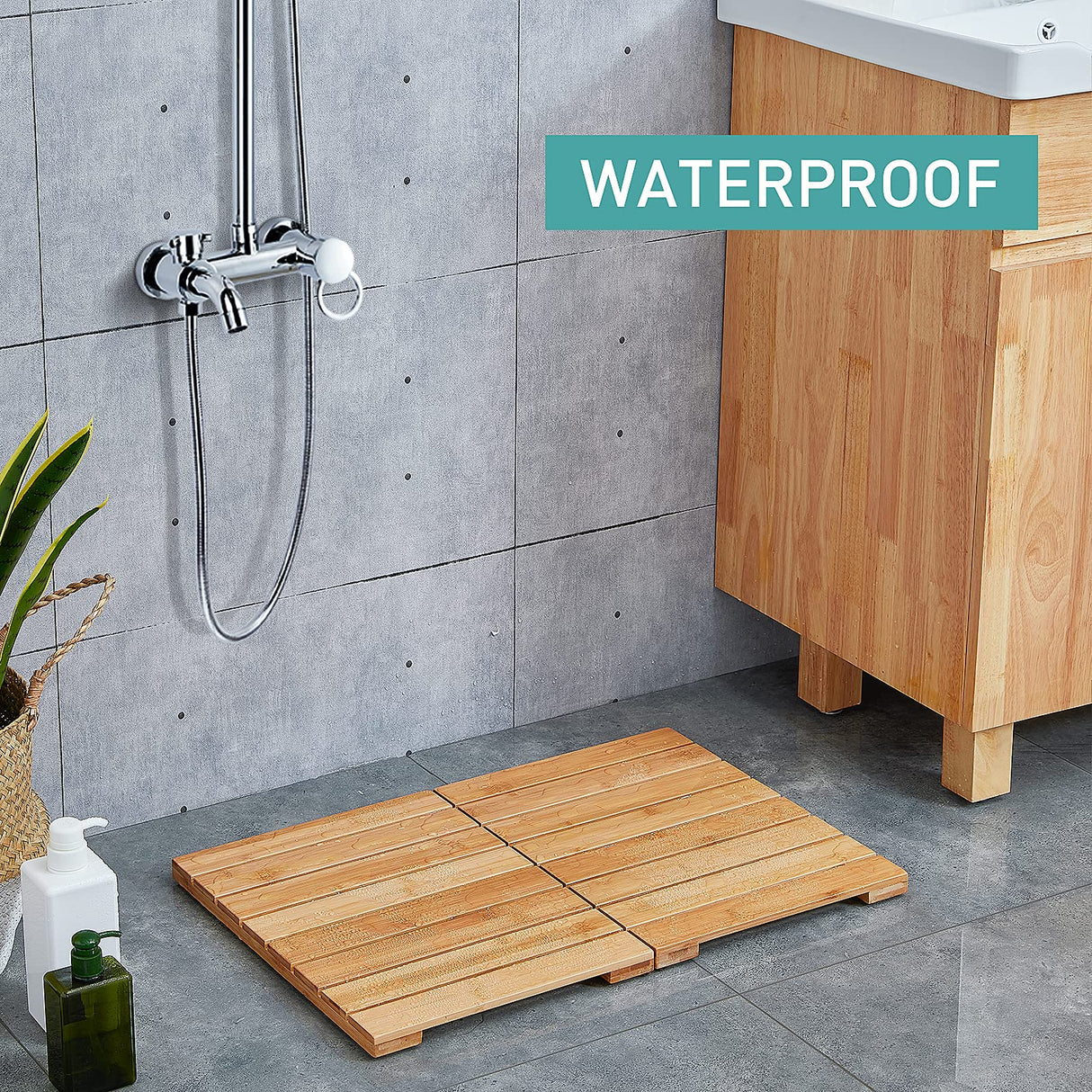 Waterproof Bamboo Bath Mat for Shower, Wooden Floor Mat for Bathroom, Foldable | Non-Slip | Heavy Duty, Shower Mat for Indoor Outdoor, 23.5in x 15.6in viewcare