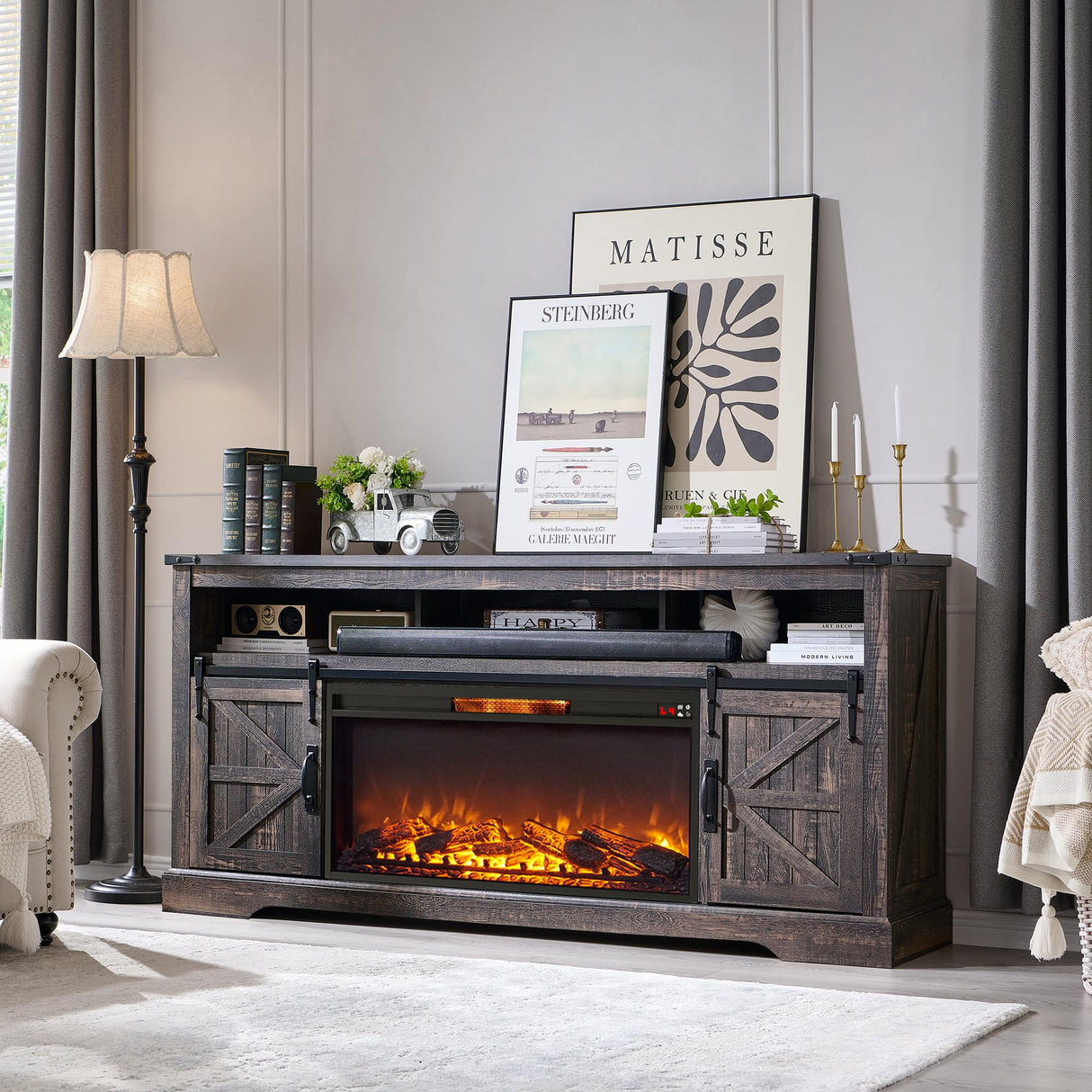 OKD Fireplace TV Stand for 80 Inch TV, 33" Tall Highboy Farmhouse Entertainment Center w/ 36'' Electric Fireplace, Rustic Media Console w/Sliding Barn Door for Living Room, Dark Rustic Oak OKD