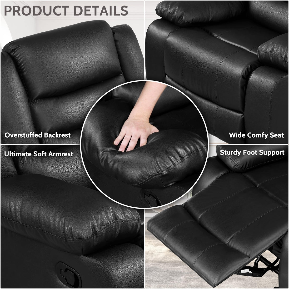 PrimeZone Oversized Rocker Recliner Chair - Comfy Wide Lazy Boy Recliner Chair with Overstuffed Armrest, Faux Leather Manual Reclining Chairs for Living Room, Bedroom, Home Theater Seating, Black PrimeZone