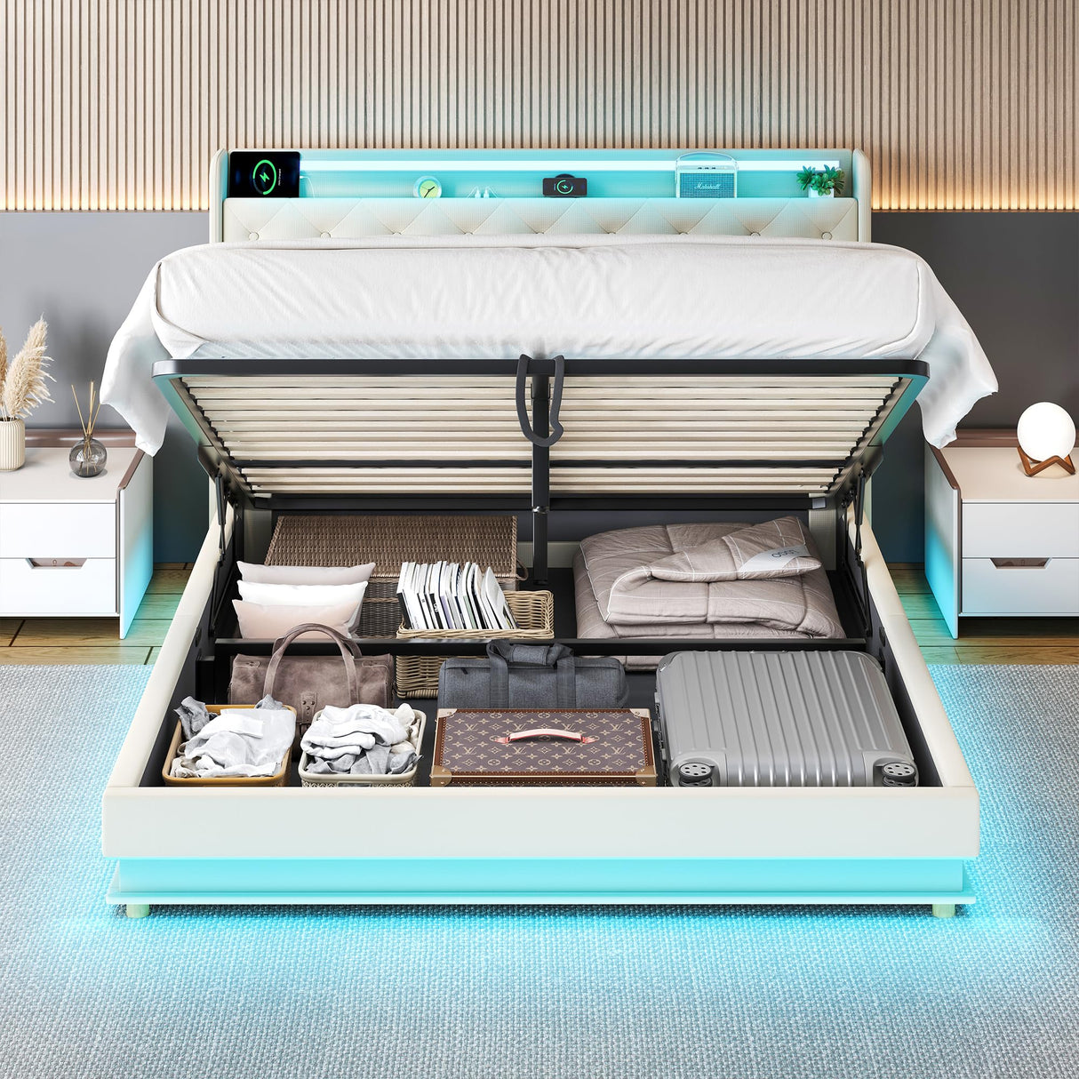 Ailisite Beige Upholstered Queen Bed Frame with LED Lights, Wingback Headboard, and Storage Solution Ailisite