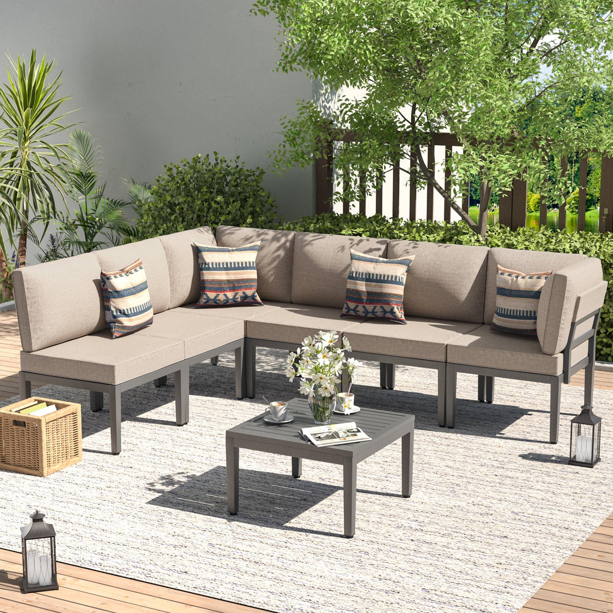 Kullavik Patio Furniture Set,7 Pieces Metal Modern Outdoor Furniture,Outdoor Sectional Sofa w/5.1" Cushions and Coffee Table for Patio,Backyard,Sand Kullavik