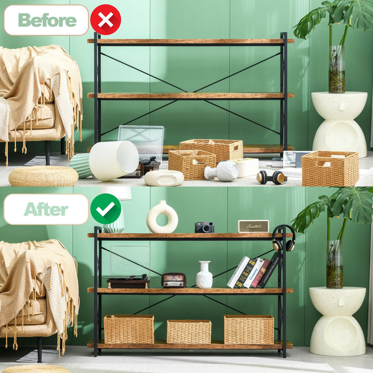 HCHQHS Bookshelf, 3-Tier Long Industrial Bookcase, Rustic Open Book Shelf, Freestanding Horizontal Bookshelves with Metal Frame HCHQHS