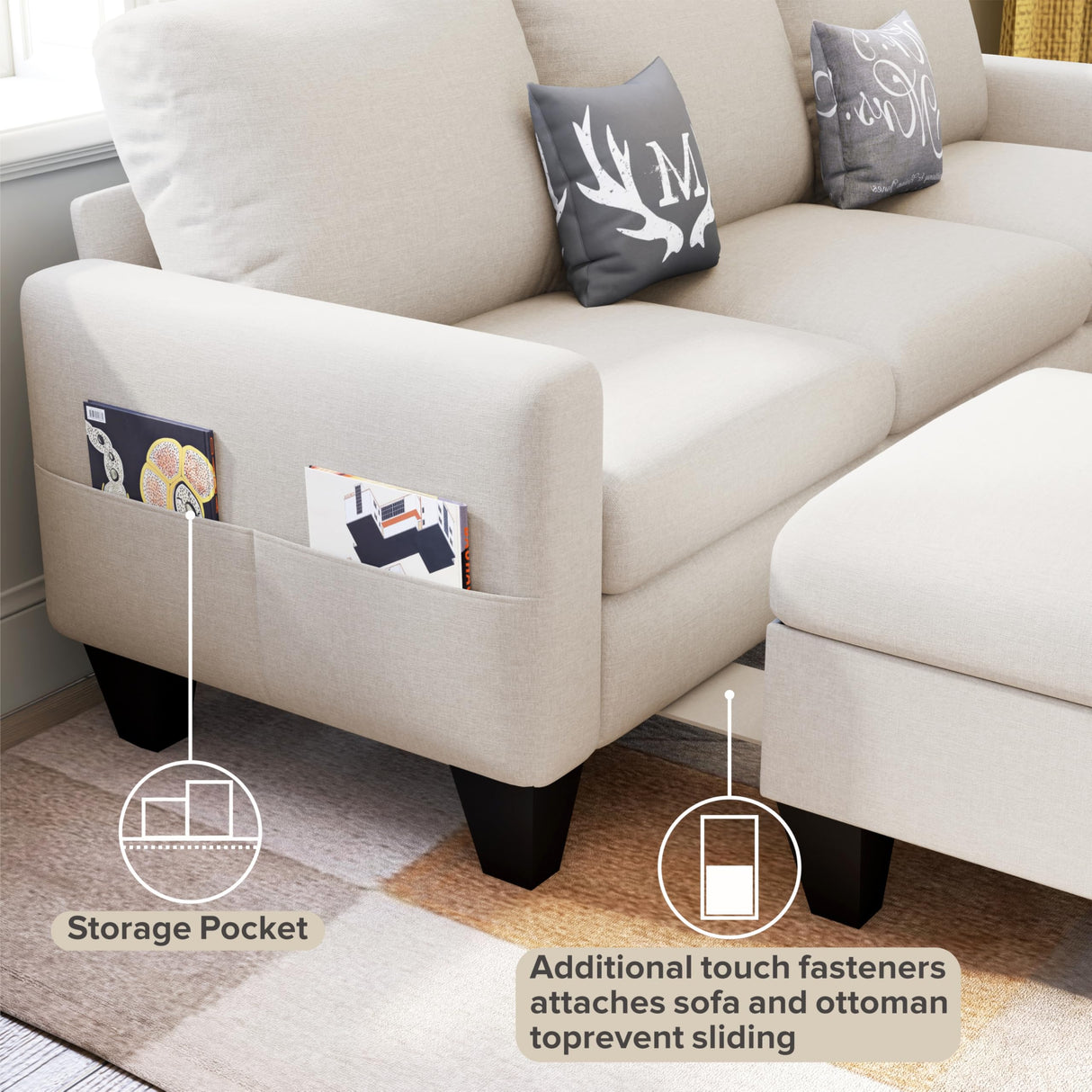 Lonkwa Sectional Sofa Couches for Living Room, 78'' Beige 3 Seater L-Shaped Couch with Storage Ottoman, Comfy Fabric Convertible Sectionals Sofas with Chaise for Apartment, Office, Small Space Lonkwa