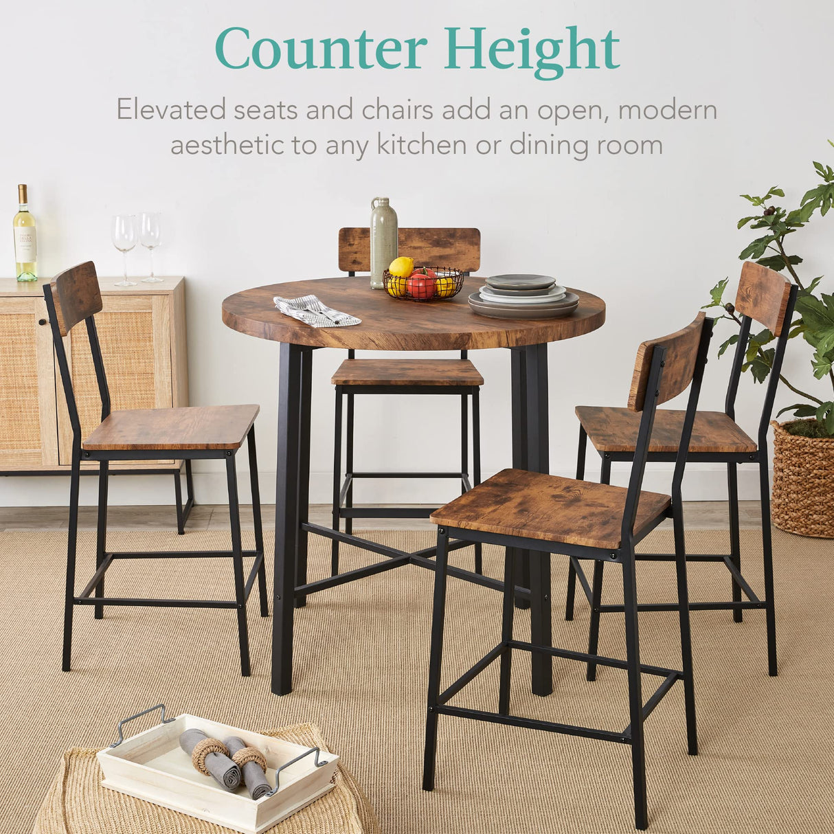 Best Choice Products 5-Piece Modern Round Counter Height Dining Set for Home Kitchen, Dining Room w/ 4 Chairs, 1.5in Thick Table - Brown Best Choice Products