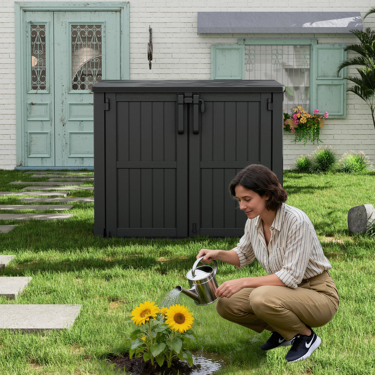 LHBGO Light Gray Outdoor Resin Storage Shed 36 Cu. Ft. Garden Horizontal Storage Extra Large Capacity Weather Resistant Storage Box, Lockable Resin Waterproof Shed for Garbage Cans, Garden Tools LHBGO