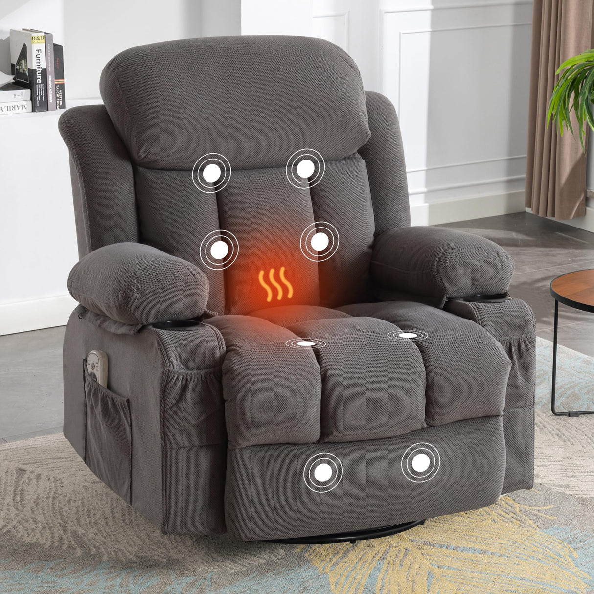 BOSMILLER Massage Recliner Chair, Swivel and Rocking Recliner with Heat and Vibration, Breathable Fabric Ergonomic Single Sofa Chair for Living Room with Cup Holders, Side Pockets and USB (Grey) BOSMILLER