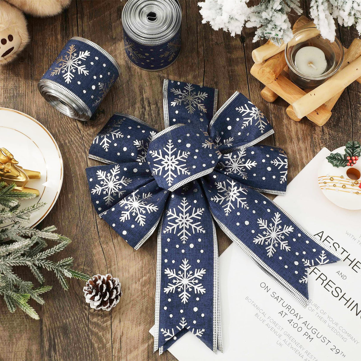 Whaline Christmas Ribbons 20 Yards Blue Silver Snowflake Wired Edge Ribbon Winter Fabric Craft Ribbon for Xmas Wreath Bow Making DIY Crafts Wrapping Supplies, 2 Rolls Whaline