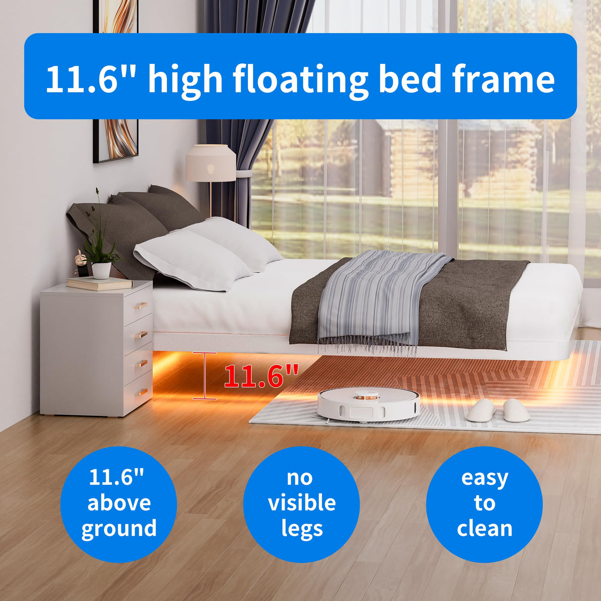Meitewei King Size Floating Bed Frame with LED Lights - Modern Metal Platform Design, No Box Spring Needed, Noise-Free Assembly, White Meitewei