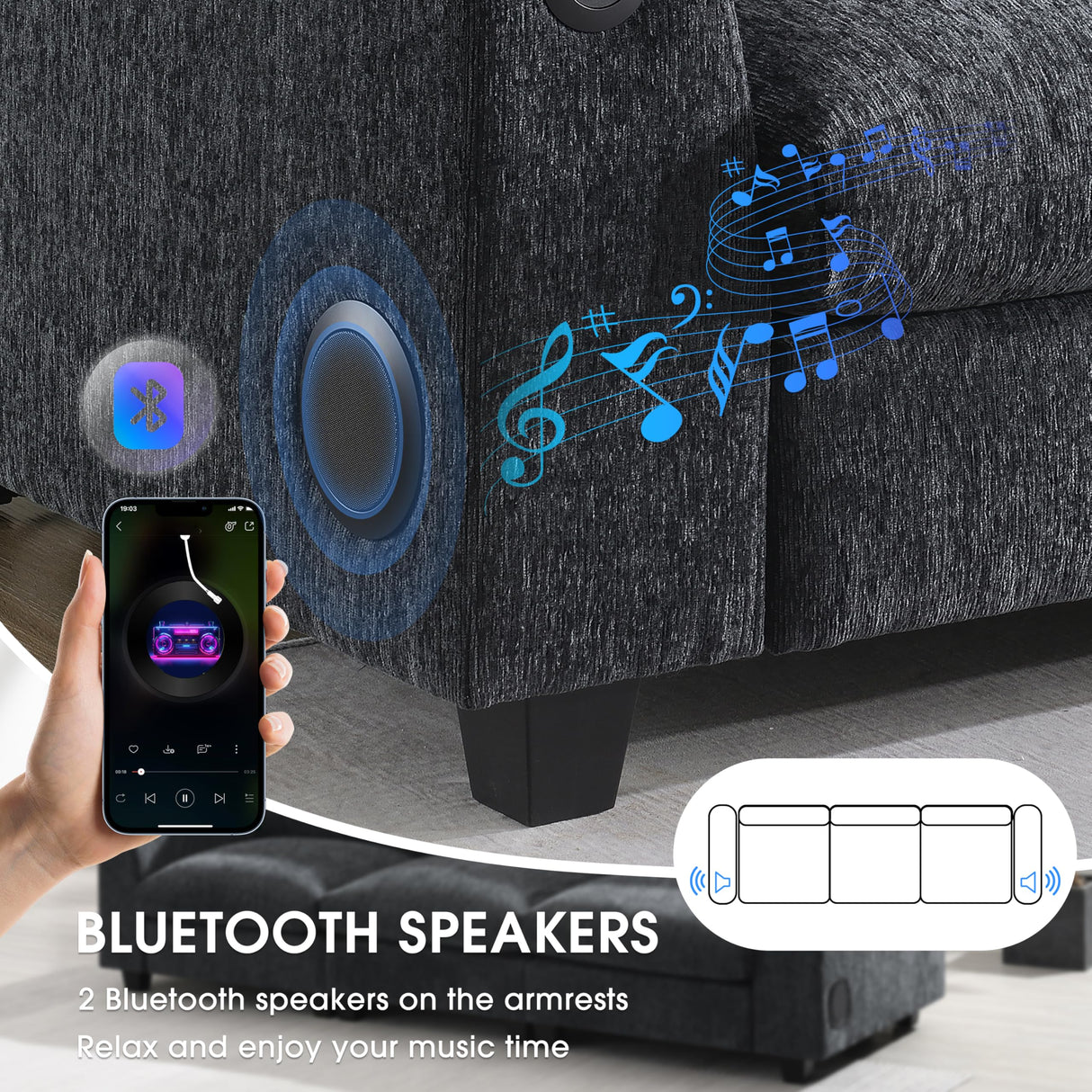 Merax 96" Chenille Sofa Recliner with Cup Holders, USB Charger & Bluetooth Speaker, 3 Seat Convertible to Loveseat Cloud Couches, Theater Double Seating W/Drop Down Table & Storage Armrest, Black Merax