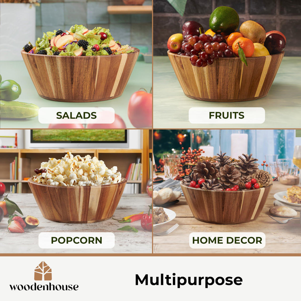 Wooden Salad Bowl, Wood Bowl Set of 3 - Round Design Large Salad Bowl for Serving, Fruit Bowls, Handmade, Durable and Stylish Natural Wood Dining Accessory by Woodenhouse WOODENHOUSE LIFELONG QUALITY