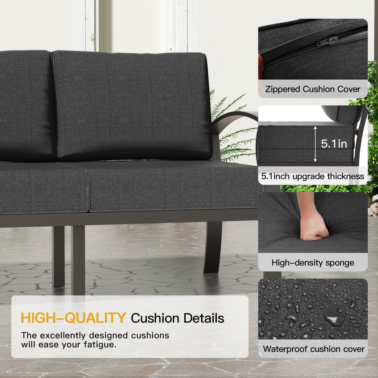 Trumbeak Aluminum Patio Furniture Set with 55,000 BTU Propane Fire Pit Table,7 Seats Metal Modern Outdoor Furniture w/5.1" Cushions,Patio Sectional w/Swivel Chairs for Patio,Backyard,Black Trumbeak