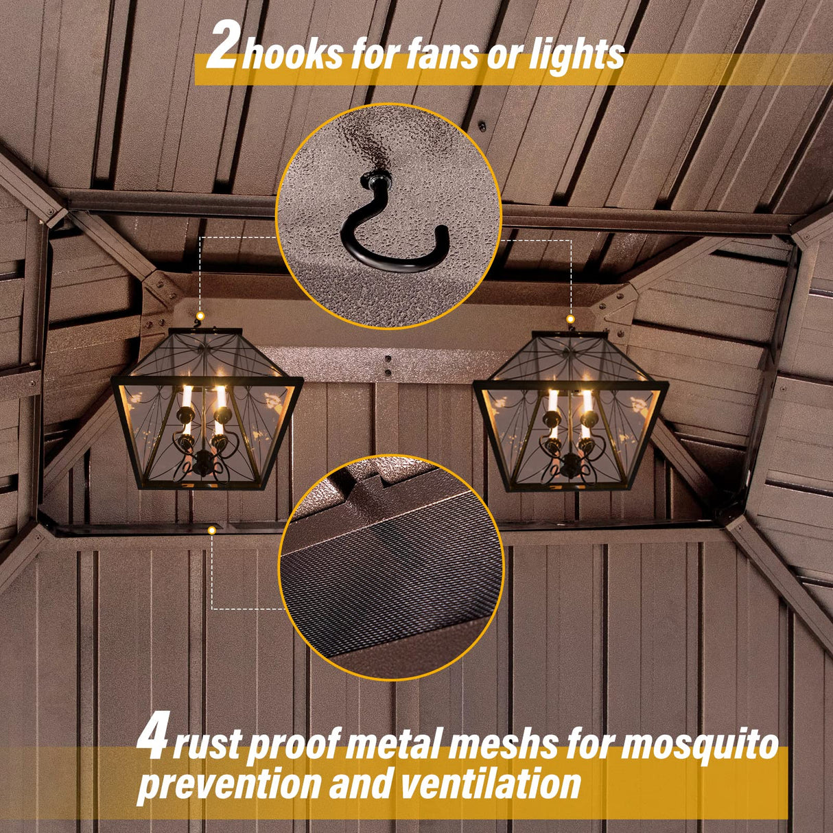 LAUSAINT HOME Outdoor Hardtop Gazebo for Patios 12x16ft, Permanent Heavy Duty Metal Double Roof Pavilion with Aluminum Frame & Enclosed Curtains and Mosquito Nettings for Lawn and Garden, Brown Metal LAUSAINT HOME