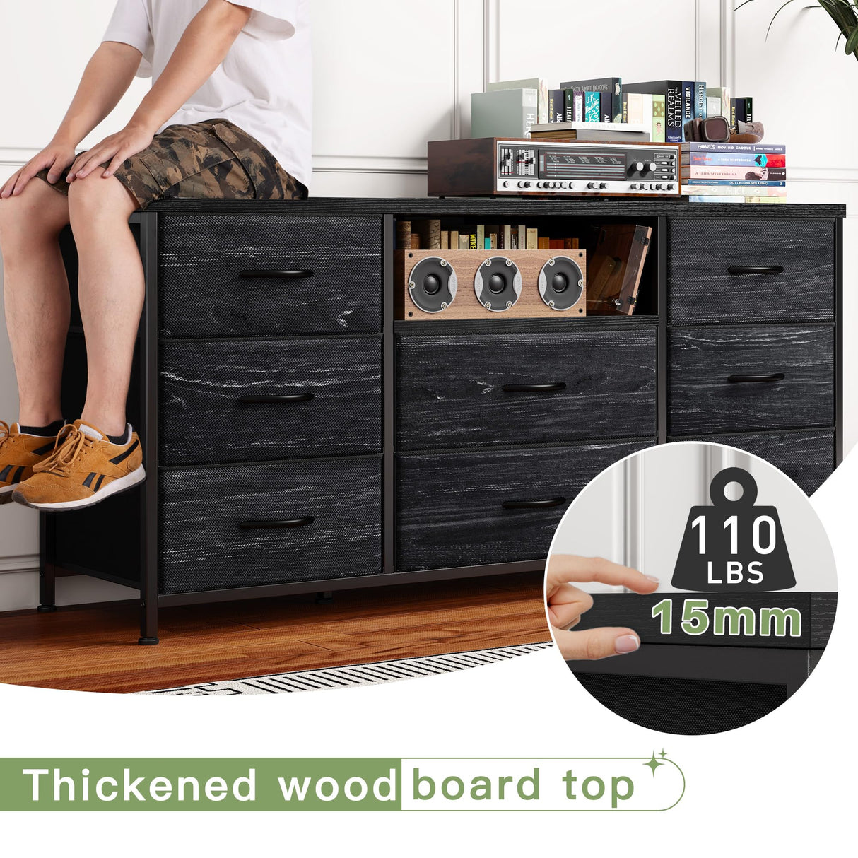 EnHomee Black Dresser for Bedroom with Charging Station, 8 Drawers Dressers & 55 inch TV Stand for Bedroom, Fabric Chest of Drawers with Open Shelves, Sturdy Dresser for Closet Living Room, Hallway EnHomee