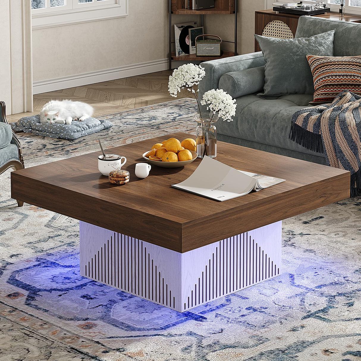 ONBRILL Coffee Table, Square Coffee Table with LED, Wood Low Coffee Table for Living Room, Center Table for Living Room, Natural Wood Grain - Rustic Brown+White ONBRILL