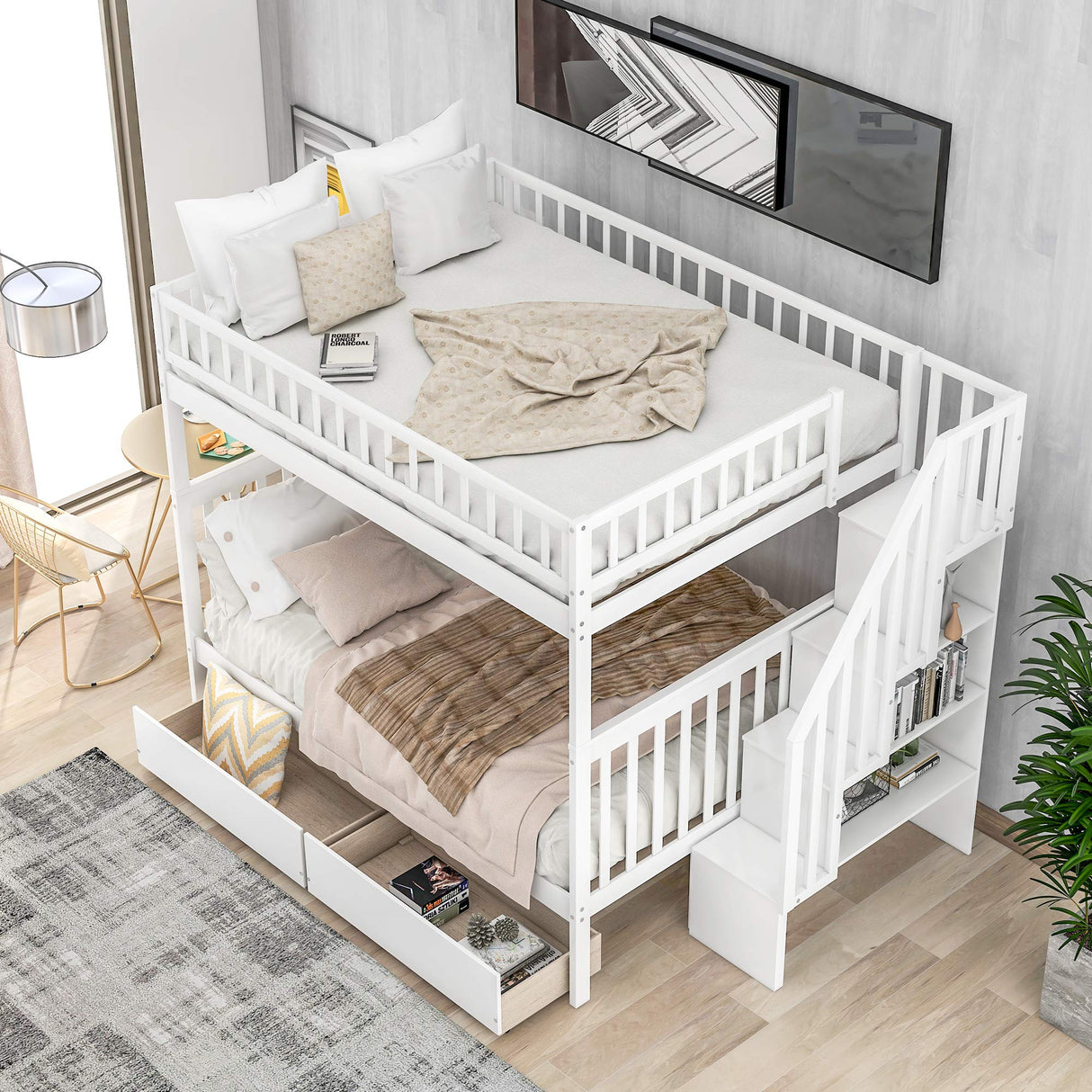 Full Over Full Bunk Beds with Drawers and Stairs Stairway Bunk Bed Frame with Storage Shelves for Kids Teens Adult, Wood Full Bunk Bed for Boys Girls Adults, White Bellemave