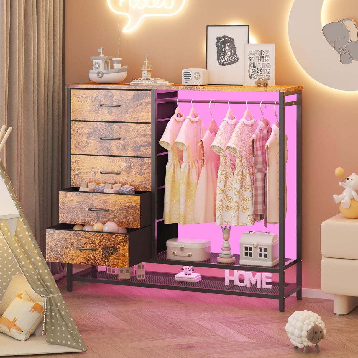 Dresser for Bedroom, Dresser with Hanging Rack Led Lights and Charging Station, Bedroom Dresser with 5 Fabric Chest of Drawers with PU Finish Storage Organizer, for Living Room Kids Room Closet, Brown SOOWERY