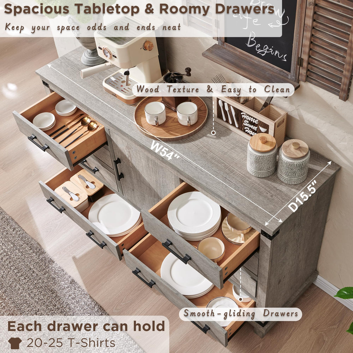 Farmhouse 8 Drawer Dresser for Bedroom with Adjustable Shelf, Wood Long Chest of Drawers with Thick Plank Styling, Rustic Large Closet Dresser for Bedroom, Living Room, Light Rustic Oak Color RedLemon