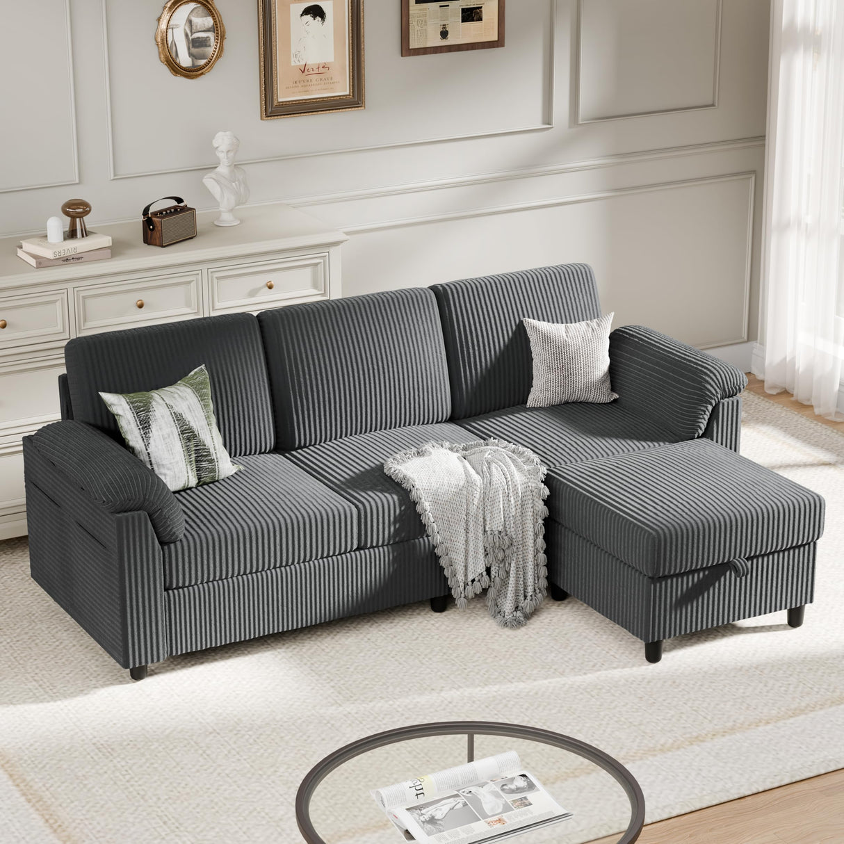 Meilocar Sectional Couches for Living Room, L Shaped Couch with Side Storage Pockage, Comfortable 3 Seat Sofa Couches for Apartment, Grey Meilocar