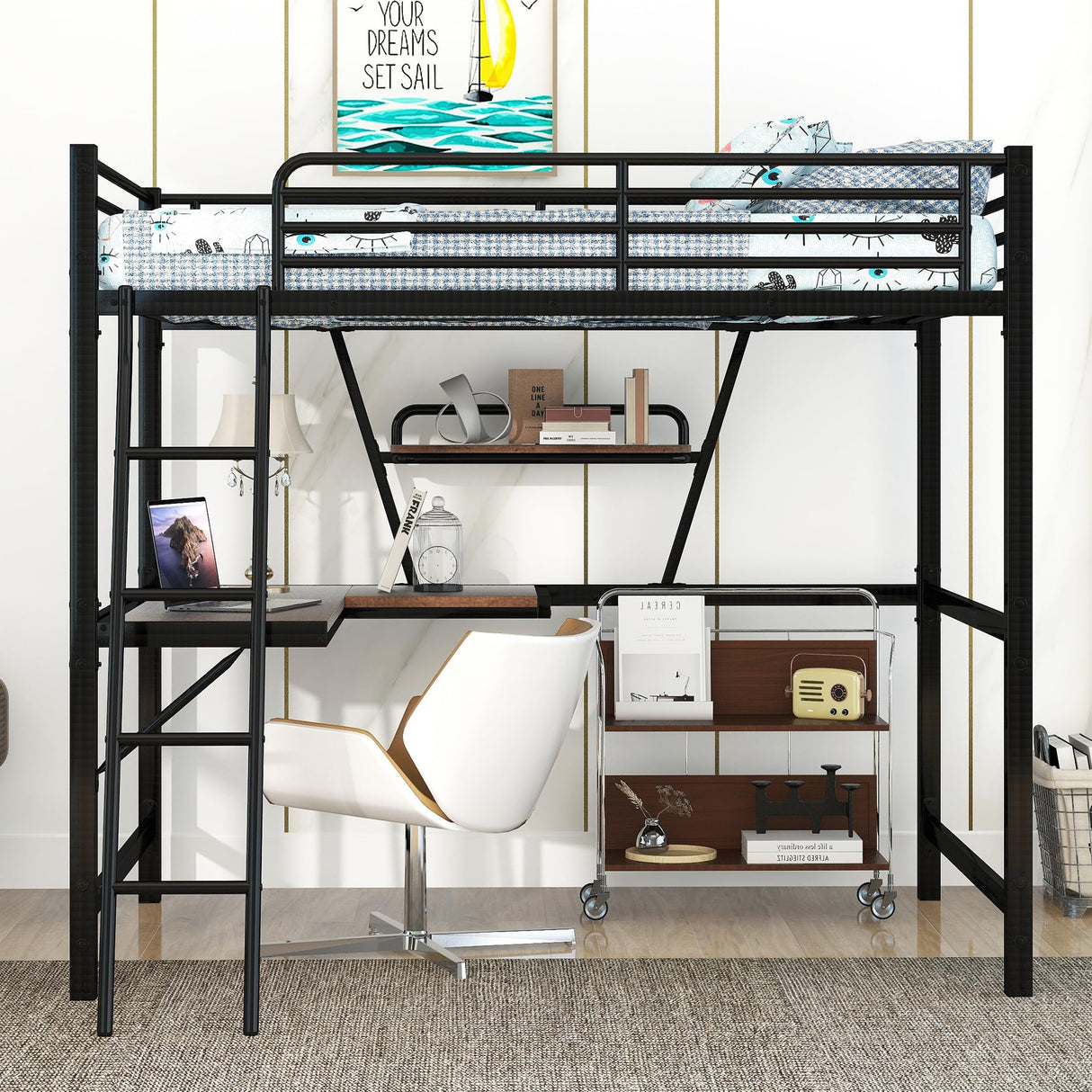 Full Size Loft Bed with Desk and Storage Shelf, Heavy Duty Loft Bed Full Size, Full Loft Bed with L- Shaped Desk and Guardrail, Full Size Loft Bed for Kids, Teens, Adults, Full Size Loft Bed Black Bellemave