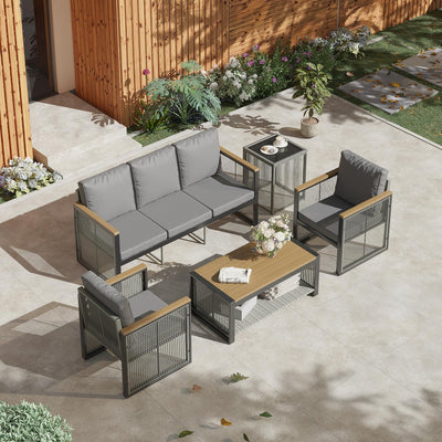 HOMREST Metal Outdoor Patio Furniture Set, 5-Piece Outdoor Sectional Patio Conversation Set with 3-Seat Sofa,Coffee Table,Upgard Cusion for Deck, Lawn,Poolside(Grey)