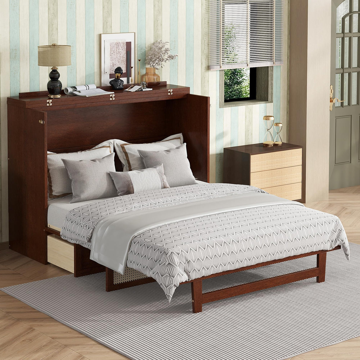 Ball & Cast Hideaway Cabinet Bed Queen Size,Wood Rattan Murphy Bedframe with Storage Drawer,Wall Platform can be Folded up,Space-Efficient Design,for Apartment,Bedroom,Walnut Ball & Cast