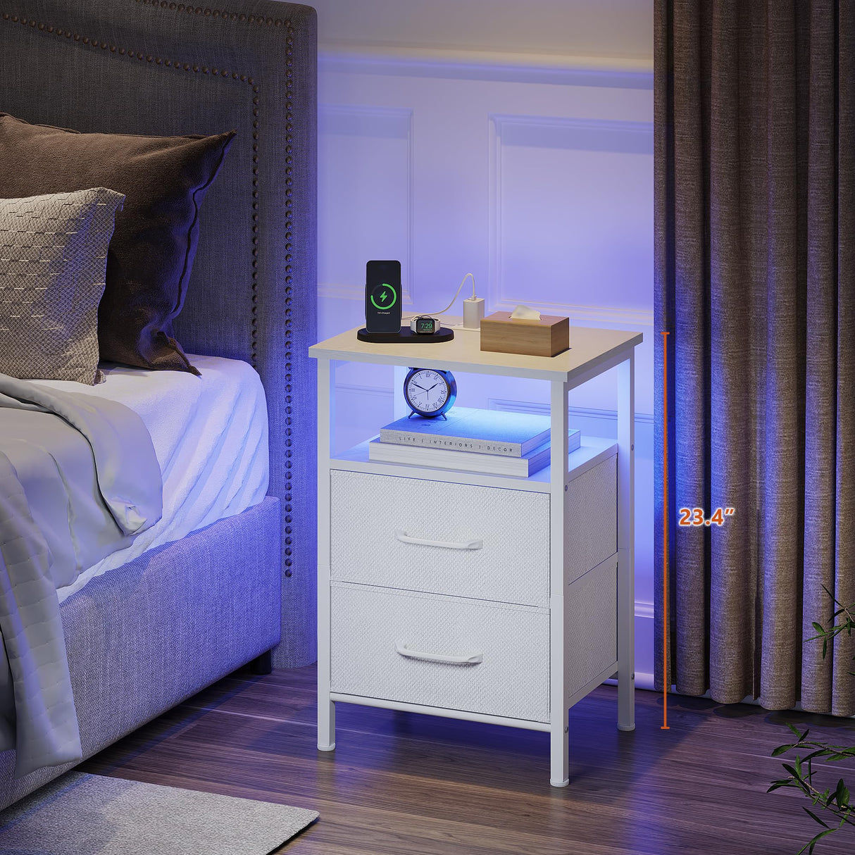 TRIFEBLE Nightstands Set of 2, Night Stand with Charging Station and Led Lights, Bedside Table with 2 Fabric Drawers for Bedroom, Small Side End Table with Open Shelf, White TRIFEBLE