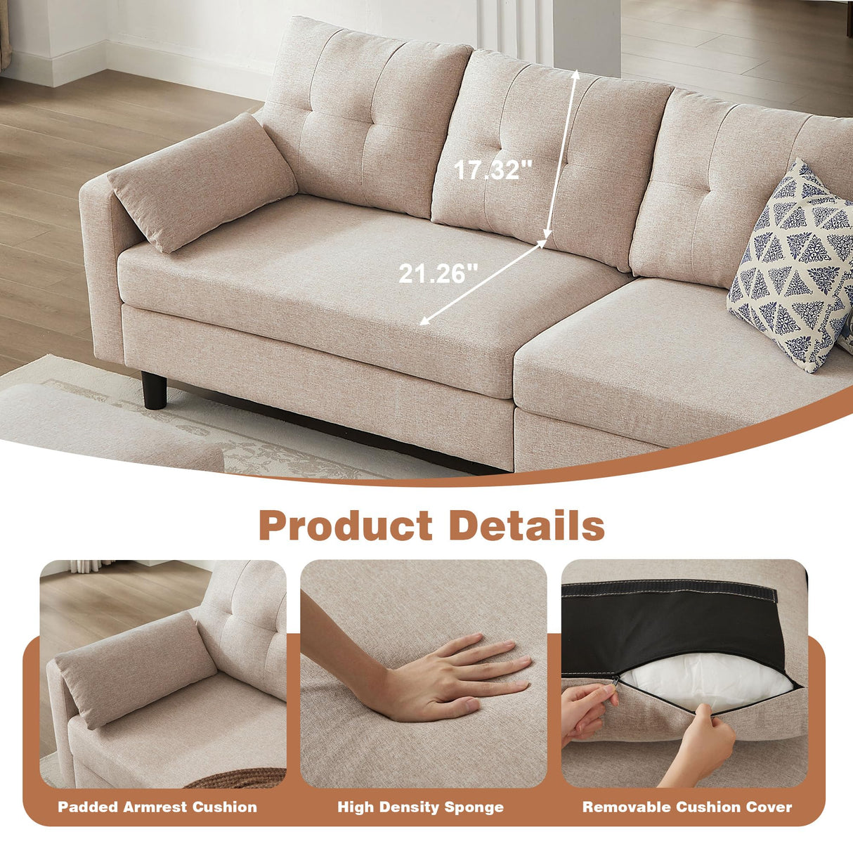 Enobala 101" Convertible Sectional Sofa, 4 Seat U Shaped Couch with Storage Ottoman and Side Pocket, Comfy Sectional Couch for Living Room, Apartment, Modern Linen Fabric Sofa Set, Beige Enobala