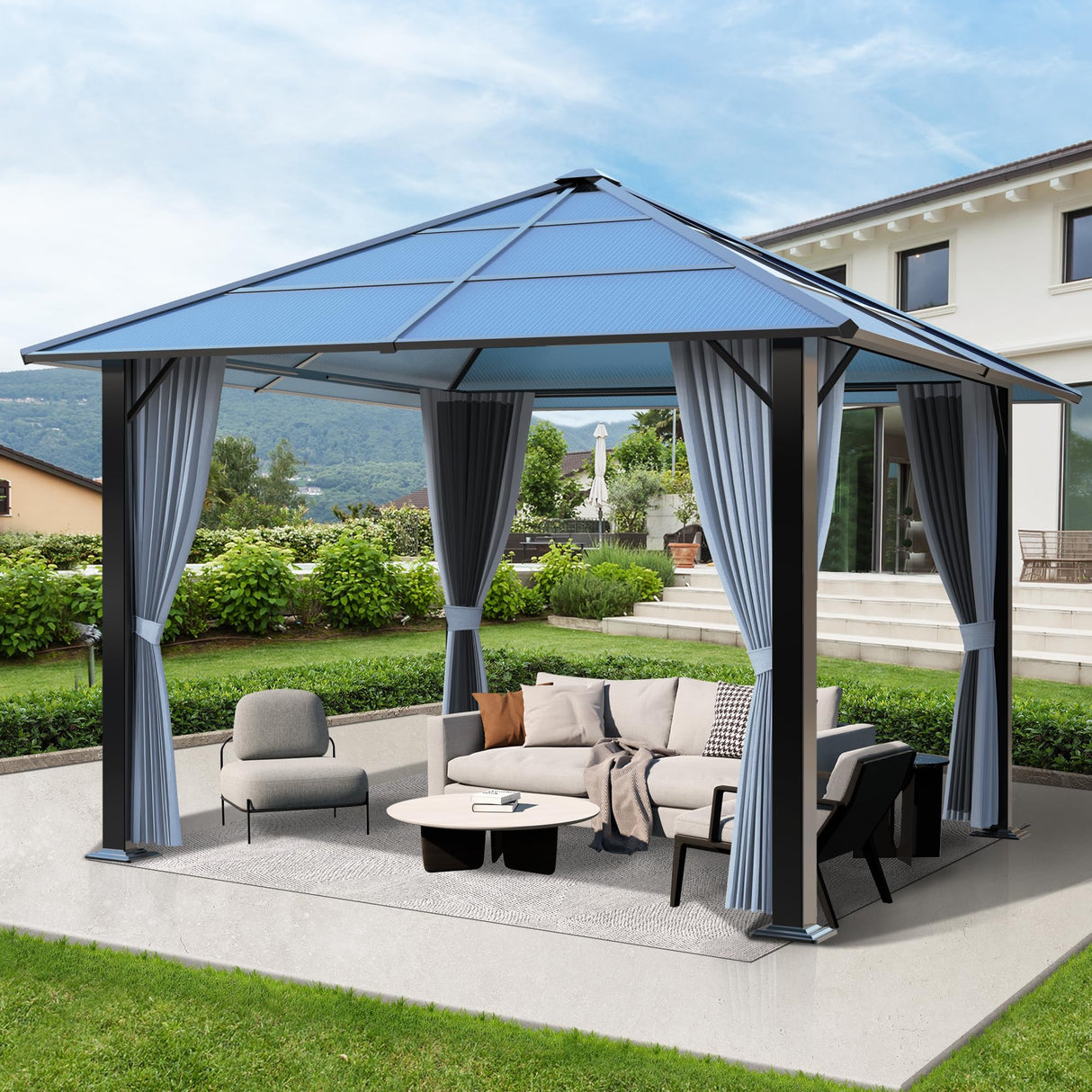 Raysfung 10'x10' Hardtop Gazebo, Outdoor Polycarbonate Roof Gazebo Metal Frame Permanent Pavilion with Netting & Curtains for Garden, Patio, Lawns(Grey) Raysfung