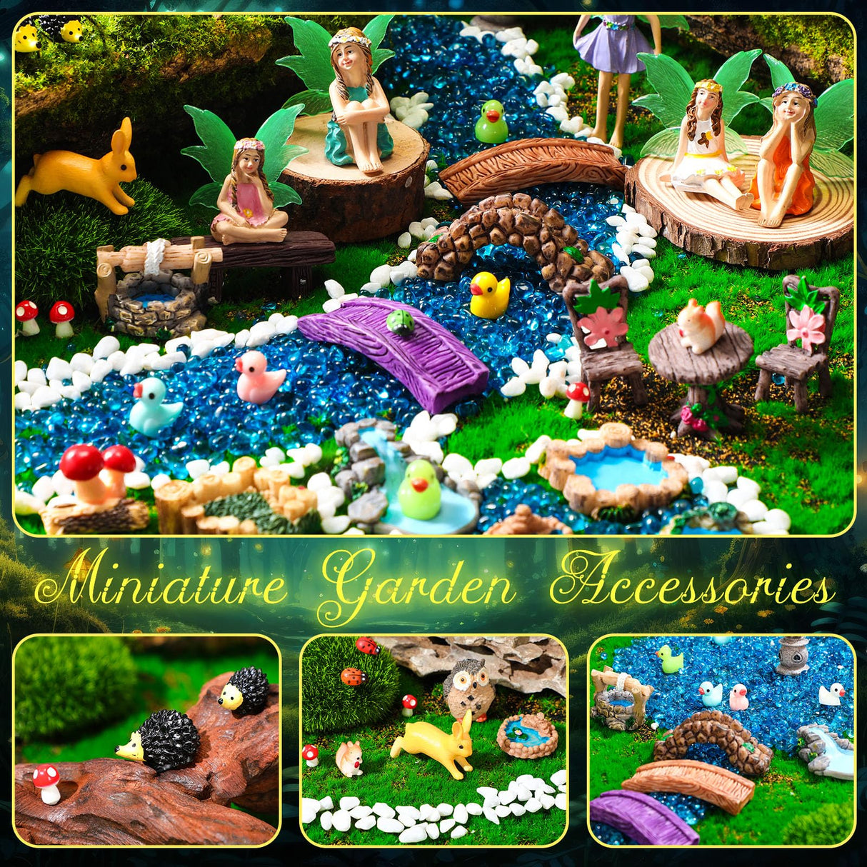 Shellwei 50 Pcs Garden Accessories Miniatures Small Fairies Kit with Luminous Wings Animals Cute Tiny Mushroom Mini Pond Bridge Figurine Micro Landscape Ornaments for Home Garden Shellwei