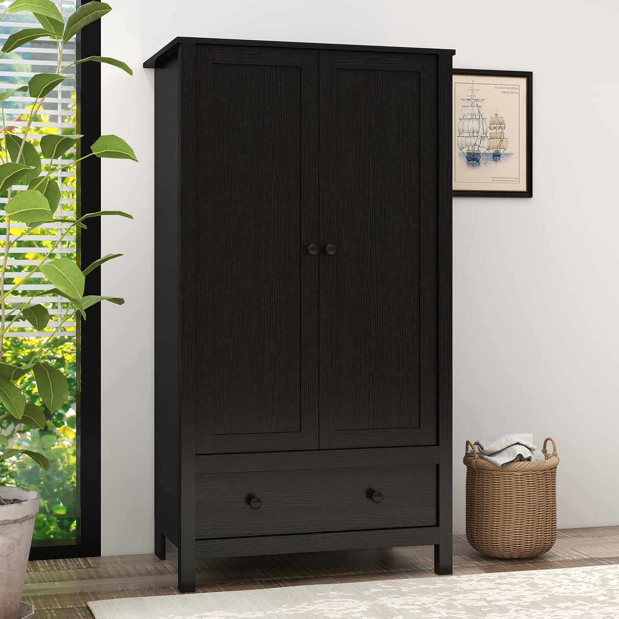 Panana 2 Door Wardrobe, Armoire with Drawer for Bedroom (Black) Panana