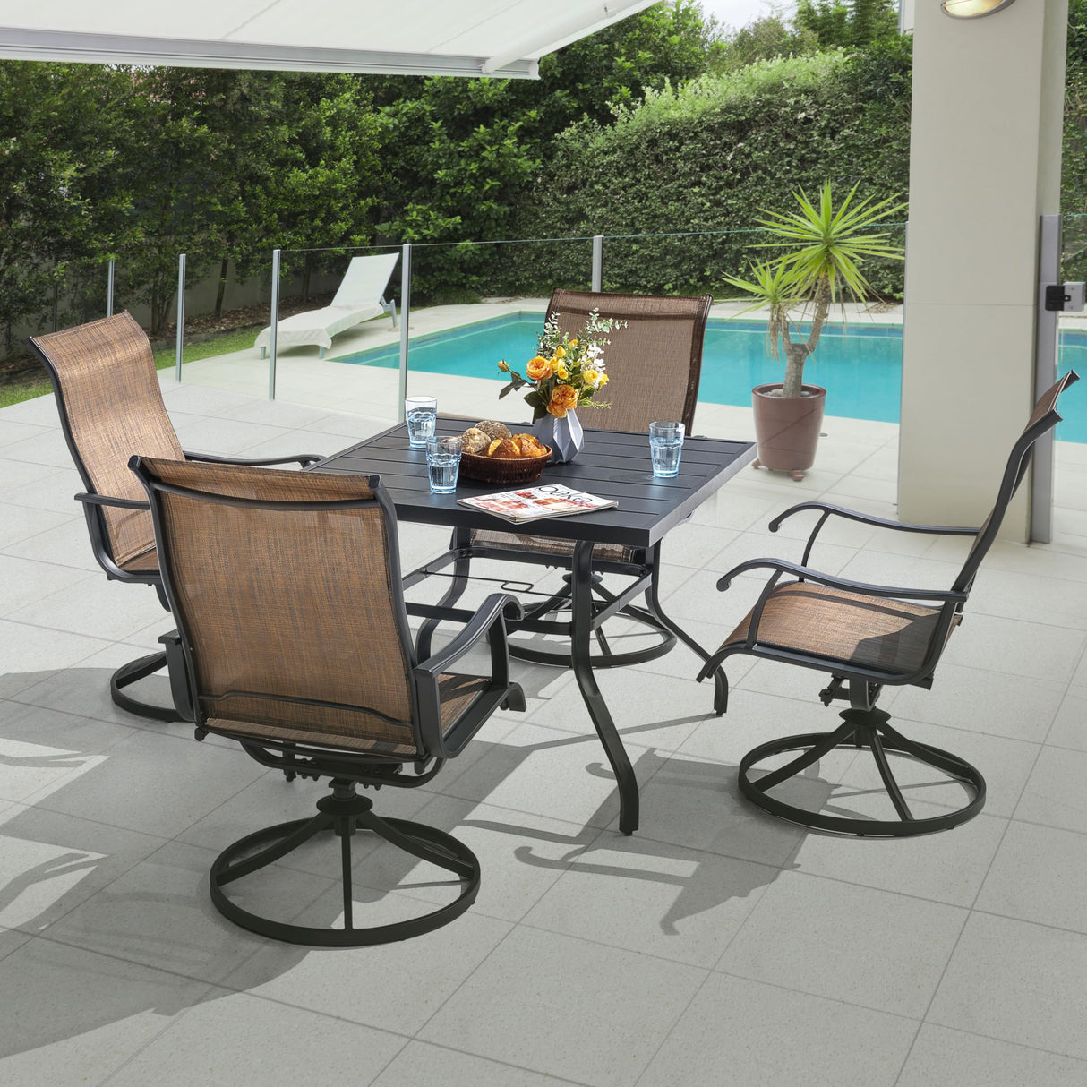 NUU GARDEN Outdoor Dining Set 5-Piece Patio Set with Weather-Resistant Table and 4 Textilene Swivel Chairs for Yard, Deck and Poolside, Brown and Black NUU GARDEN