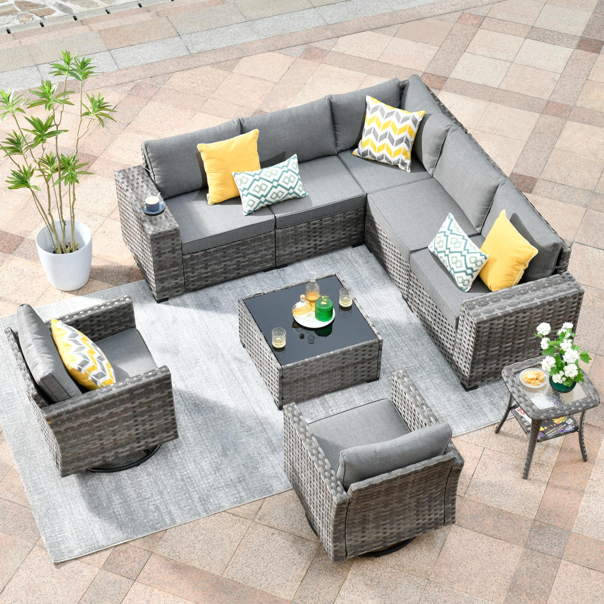 HOOOWOOO 9 Piece Modular Patio Outdoor Sectional Furniture Set with Swivel Rocking Chairs,Wicker Conversation Sofa Set,Outside Couch Set with Wide Arm(Dark Grey) HOOOWOOO