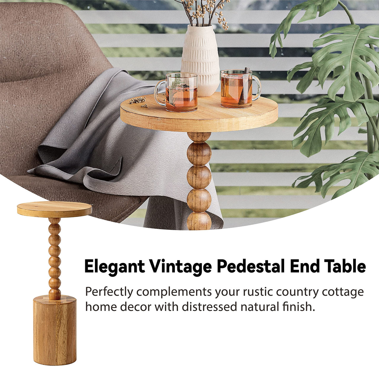 COZAYH Farmhouse Pedestal End table, Rustic Wood Drink Table with Base, Round Martini Table for Small Space Living Room, Bedroom, Natural Wood Color COZAYH