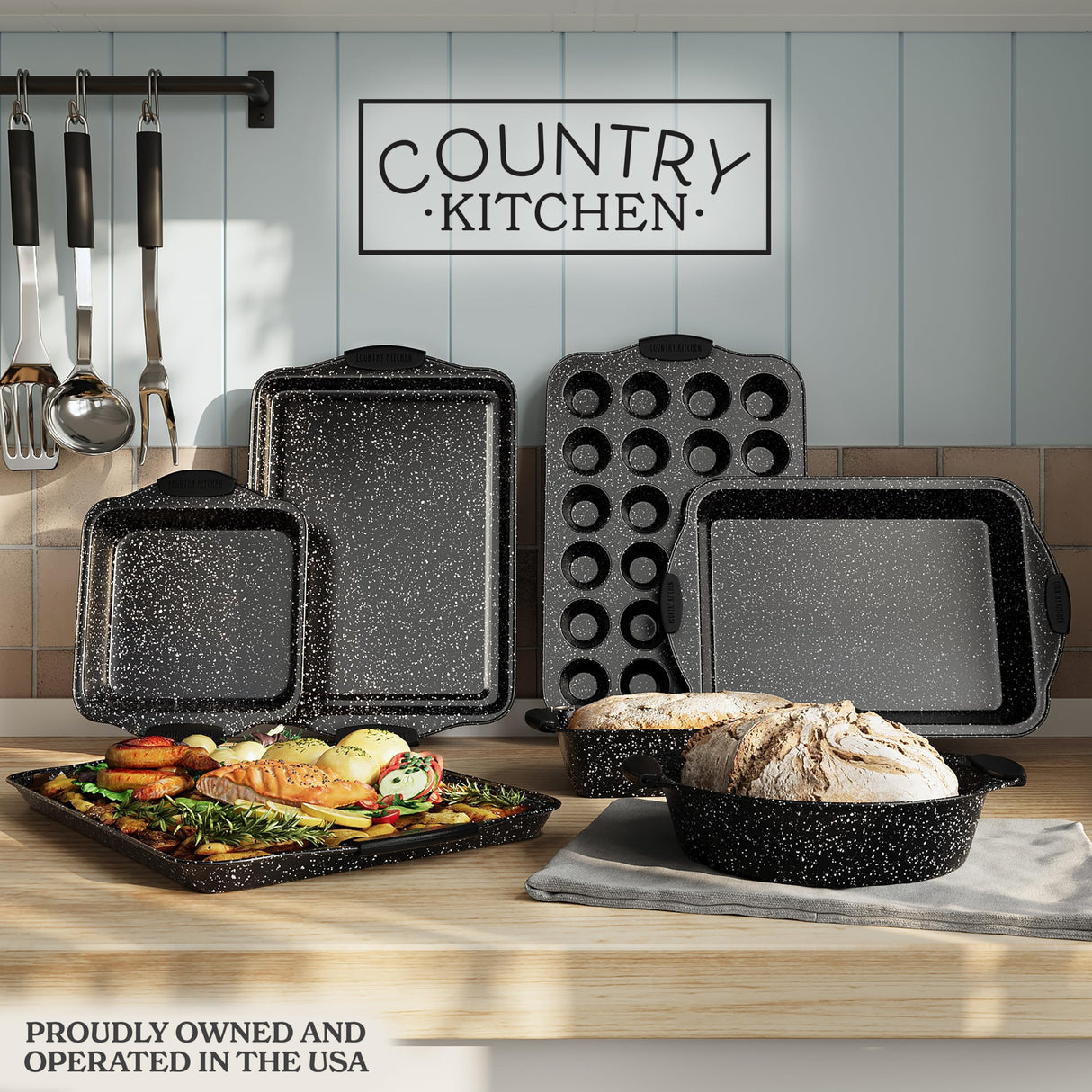 Country Kitchen Nonstick Stackable Bakeware Set - Durable, Easy Release Baking Set, Black, 10 Pcs Country Kitchen