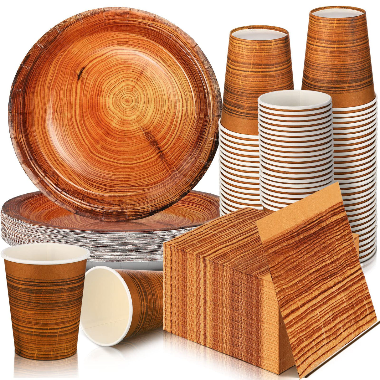 Skylety 200 Pcs Rustic Wood Grain Paper Plates Camping Party Tableware Set Disposable Fall Plate Cup Napkin Hunting Birthday Party Decorations Woodland Party Dinnerware Serve 50 Guests Skylety