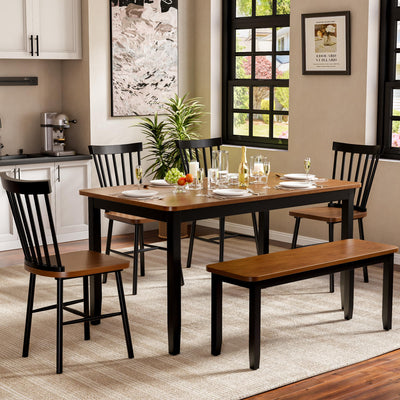 JUMMICO Solid Wood 6 Piece Dining Table Set, Modern 58"/W Kitchen Table Set for 6 with 4 Windsor Chairs & 1 Bench, Kitchen & Dining Room Sets for Kitchen, Restaurant (Brown & Black)